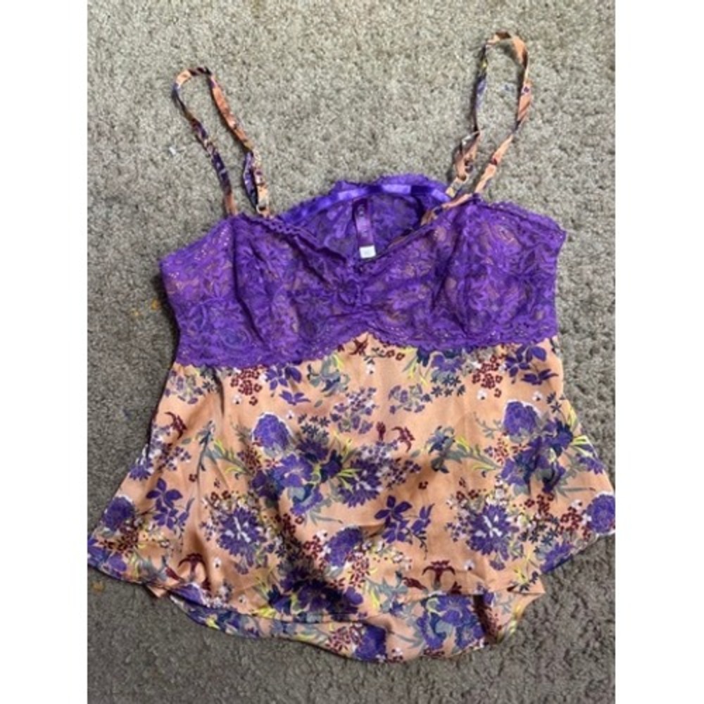 Adore Me XL Floral Lace Camisole Lingerie Top Purple Peach Adjustable Strap - Picture 2 of 4